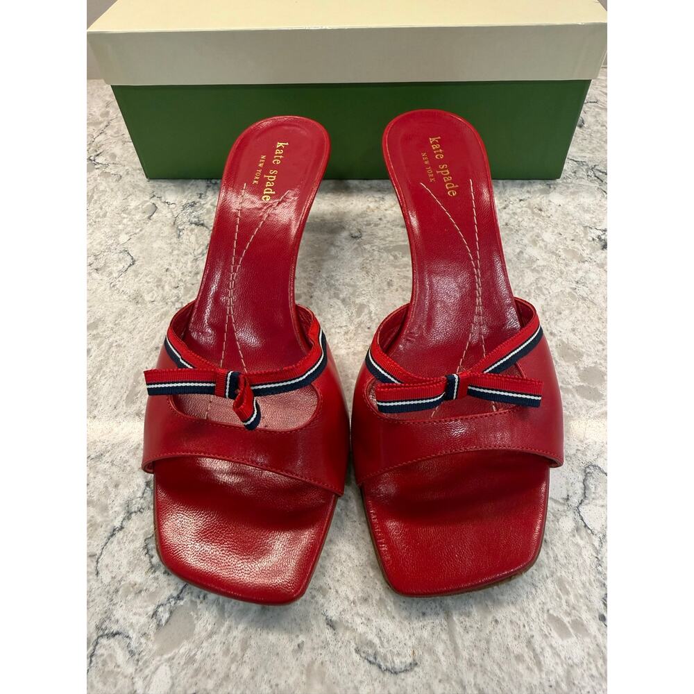 Kate Spade New York Red Leather Slip-on Kitten Heel Blue Striped Bow Size 8 - Picture 2 of 9